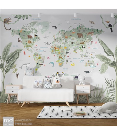 Фотообои фреска Карта Мира с обезьянками, арт. k03, Mondeco