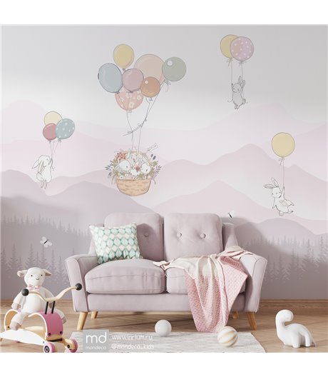 Бесшовные детские фотообои Горы с воздушными шарами (арт. g024), Mondeco