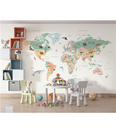 Бесшовные детские обои Карта Мира с цветными материками (арт. k07), Mondeco