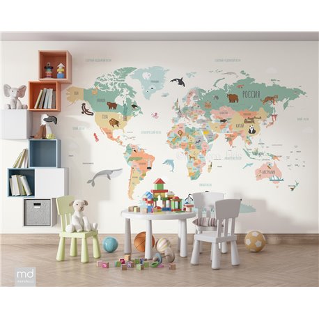 Обои в детскую Карта мира 7 - печать бесшовных дизайнерских обоев для стен  в Москве