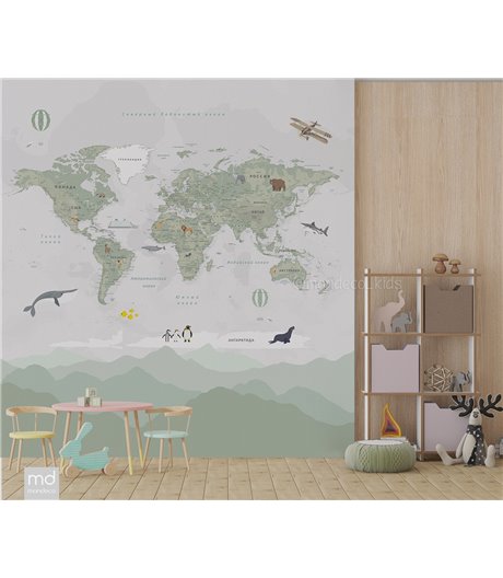 Бесшовные фотообои фреска Карта мира подробная с туманными горами (арт. kp07), Mondeco