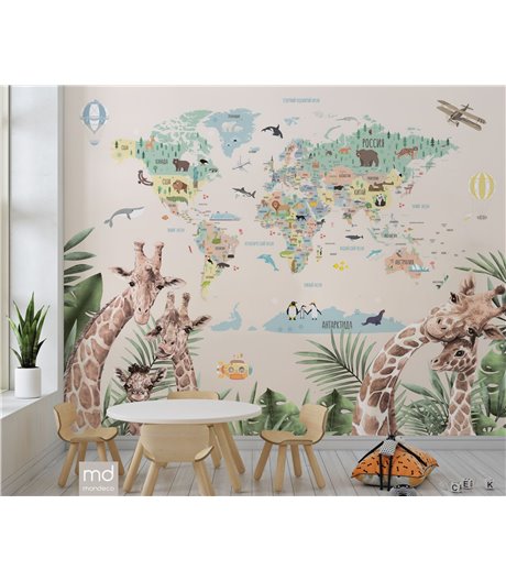 Бесшовные фотообои фреска Карта мира с Жирафами (арт. k12), Mondeco