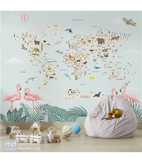 Бесшовные фотообои фреска Карта мира с Фламинго, арт. k13, Mondeco