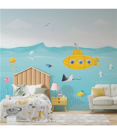 Бесшовные обои для детской комнаты Жёлтая субмарина под водой (арт. m013), Mondeco