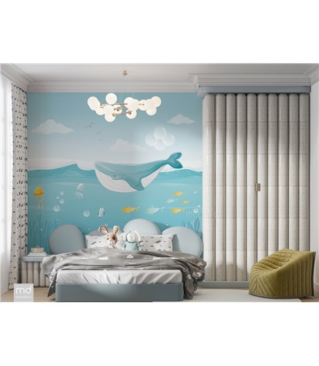 Бесшовные обои для детской комнаты Кит в океане (арт. m014), Mondeco