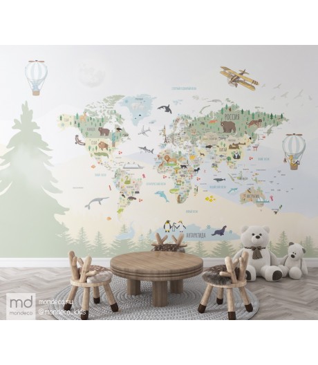 Бесшовные фотообои фреска Карта мира с лесом (арт. k14), Mondeco