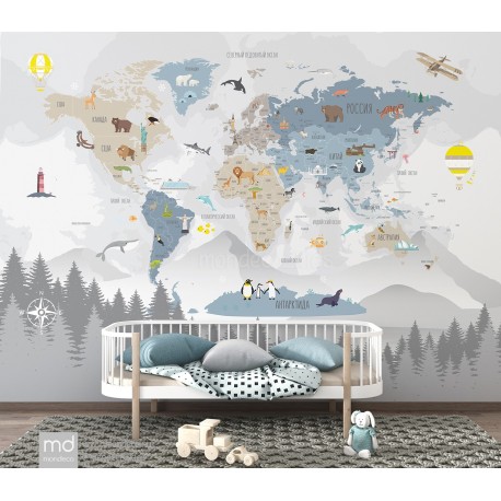 Бесшовные фотообои фреска Карта мира в интерьере, арт. k15