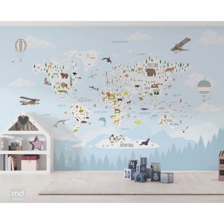 Бесшовные фотообои фреска Карта мира в интерьере, арт. k15