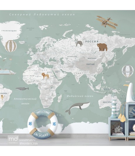 Бесшовные фотообои фреска Карта мира с белыми материками, арт. kp10, Mondeco
