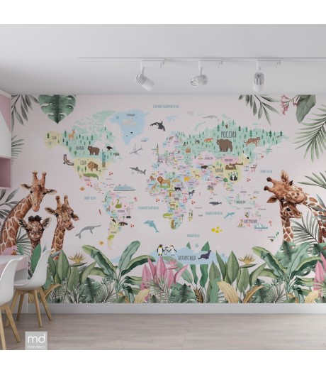 Обои для детской комнаты Карта мира семья Жирафов (арт. k22), Mondeco