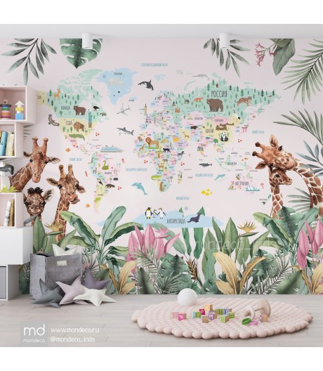 Обои для детской комнаты Карта мира семья Жирафов