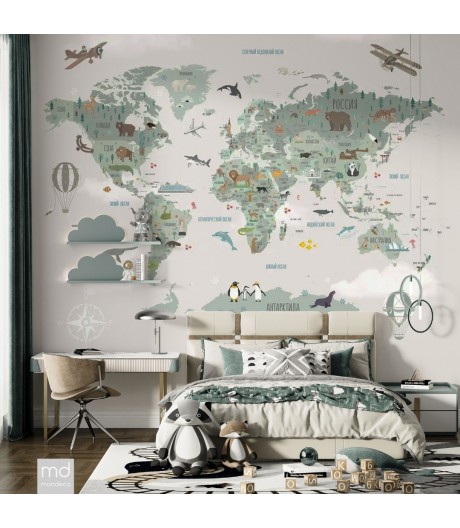 Обои для детской комнаты Карта мира с самолетами (арт. k23)