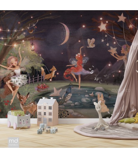 Фотообои фреска Волшебная ночь в лесу с Феями в интерьере