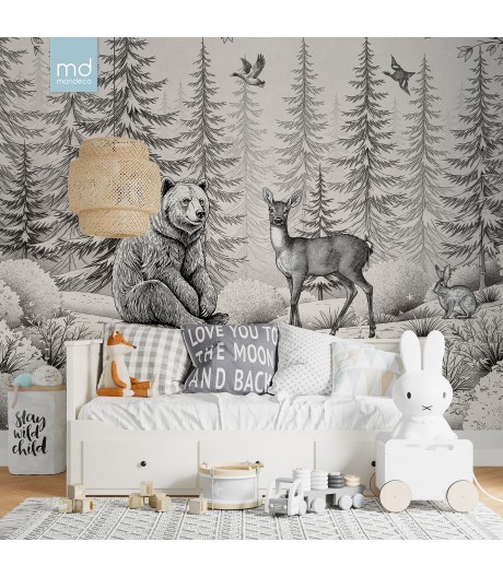 Бесшовные обои для детской комнаты сказочный лес гравюра (арт. les24), Mondeco