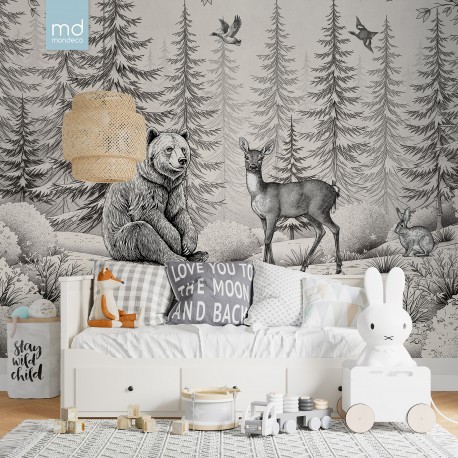 Бесшовные обои для детской комнаты сказочный лес гравюра (арт. les24), Mondeco