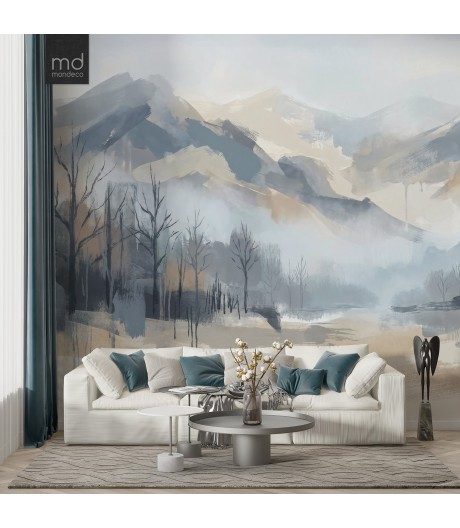 Бесшовные обои Лес и горы в синеве (арт. prw43), Mondeco