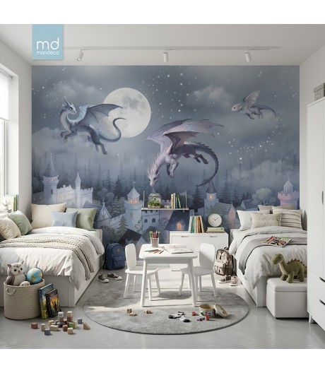 Бесшовные фотообои фрески в детскую Дракончики над городом (арт. dr07), Mondeco