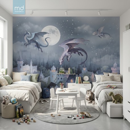 Бесшовные фотообои фрески в детскую Дракончики над городом (арт. dr07), Mondeco