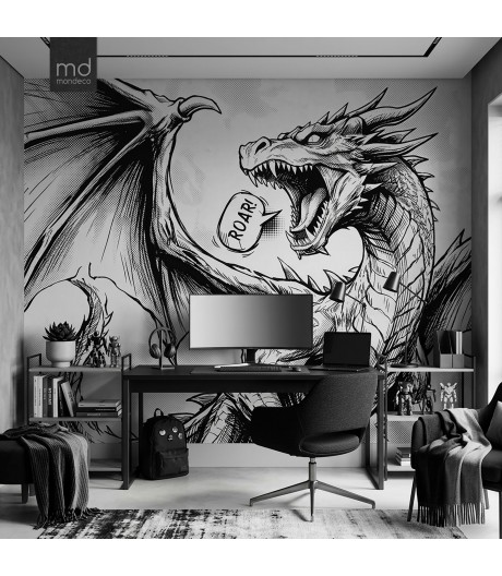 Бесшовные фотообои фрески в детскую Дракон черно-белый (арт. dr08), Mondeco