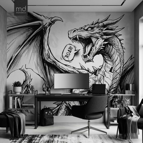 Бесшовные фотообои фрески в детскую Дракон черно-белый (арт. dr08), Mondeco